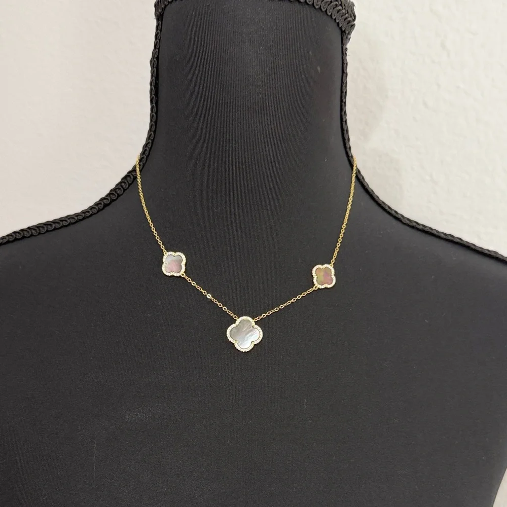 Stella Rose London Black Mother of Pearl Clover Necklace Gold Plated Crystal Pav
